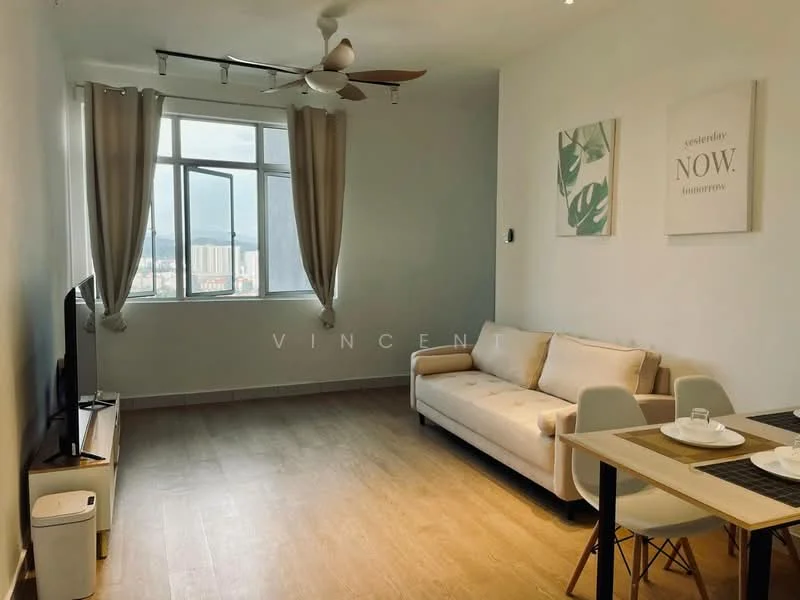 Living features: 3-seater fabric sofa in cream, wall-mounted TV, coffee table, dining table for 2, 4-blade ceiling fan, floor-to-ceiling windows, sheer curtains, light wood flooring, decorative wall art, white painted walls; style: modern; view: city.