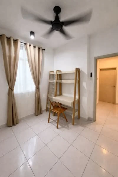 Room features: white painted walls, tile flooring, 5-blade ceiling fan, floor-to-ceiling window, sheer curtains, wooden shelving unit, folding chair, neutral color scheme; style: minimalist.