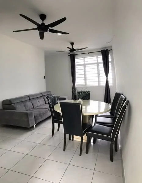 Living features: grey fabric sofa, round dining table, 4 upholstered dining chairs, 2 ceiling fans, white painted walls, tile flooring, window with horizontal blinds, decorative plant in pot; style: modern.