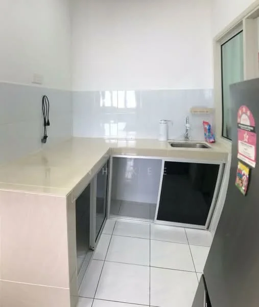 Kitchen features: white tiled walls, light-colored countertop, stainless-steel sink, chrome faucet, built-in cabinets with glass doors, white ceramic floor tiles, refrigerator, window for natural light; style: modern.