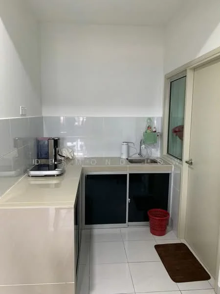 Kitchen features: white tiled walls, cream laminate cabinetry, black glass cabinet doors, white countertop, stainless-steel sink, chrome pull-down faucet, built-in coffee machine, kettle, red waste basket, white tiled flooring, window with glass panel, matte finish on cabinetry; style: modern.