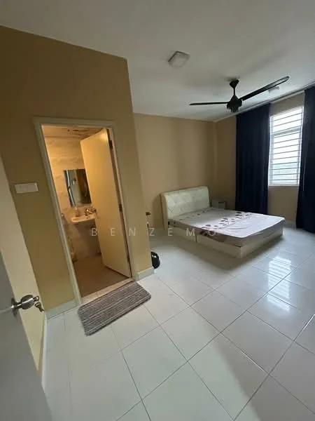 Bedroom features: white painted walls, glossy tile flooring, ceiling fan, queen-size bed, blackout curtains, window with horizontal blinds, built-in wardrobe, doorway to bathroom.