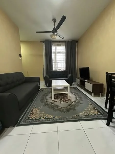 Living features: 3-seater fabric sofa in grey, 2-seater fabric sofa in dark grey, white coffee table, area rug with floral pattern, wall-mounted TV, TV console with storage, ceiling fan with light, floor-to-ceiling windows with sheer curtains, cream painted walls, white tiled flooring; style: modern.