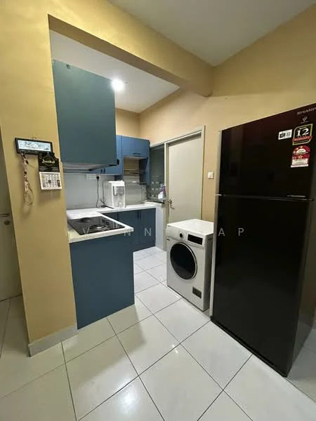 Kitchen features: blue cabinetry, white countertop, single-bowl stainless-steel sink, chrome pull-down faucet, built-in microwave, freestanding range oven, black stainless-steel fridge, front-load washing machine, white tiled flooring, cream painted walls, recessed lighting; style: modern.