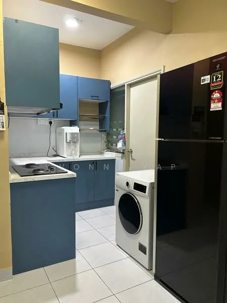 Kitchen features: blue cabinetry, white countertop, stainless-steel sink, 4-burner gas hob, built-in oven, microwave, refrigerator, front-load washing machine, white tiled flooring, wall-mounted kitchen hood, glass door to utility area, shelving unit, light fixture on ceiling; style: modern.