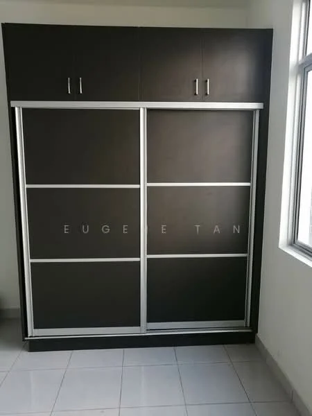 Room features: sliding wardrobe with mirrored doors, dark wood finish, metal frame, two upper cabinets, white walls, grey tiled flooring, natural light from windows; style: modern.