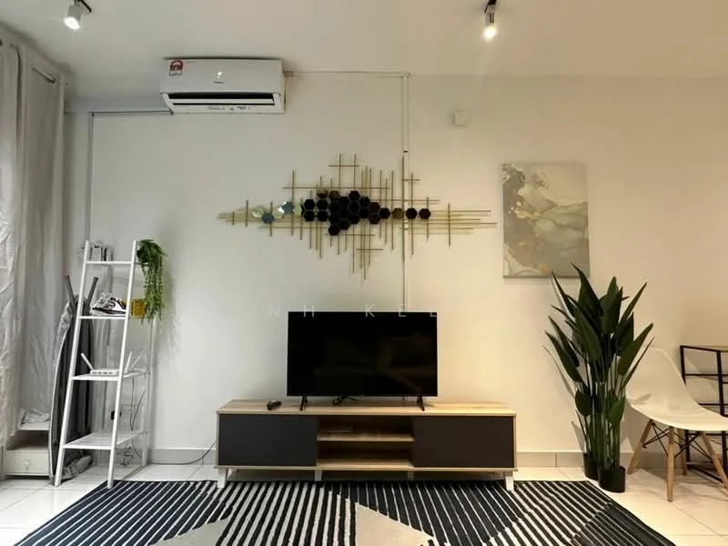 Living features: wall-mounted TV, TV console in light wood with grey drawers, black and white area rug with geometric pattern, white walls, recessed LED downlights, 1 wall-mounted split AC, decorative wall art with gold accents, indoor plant in a pot, white chair, shelf with plants; style: modern.