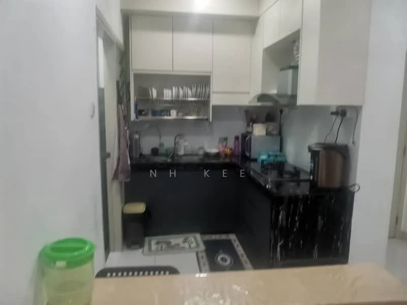 Kitchen features: white cabinetry, black countertop, stainless-steel sink, chrome pull-down faucet, built-in stove, microwave, kitchen utensils on countertop, tile backsplash, floor tiles, open shelving, refrigerator, small stool; style: modern.