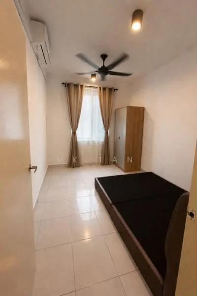 Bedroom features: white painted walls, tile flooring, 5-blade ceiling fan with light, window with sheer curtains, built-in wardrobe, queen-size bed frame without mattress, light fixture on ceiling, air conditioning unit; style: modern.