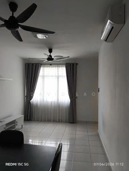 Living features: white painted walls, glossy tile flooring, 5-blade ceiling fan with light, recessed downlights, floor-to-ceiling window, sheer curtains, dark dining table, white wall-mounted shelf, air conditioning unit; style: modern.