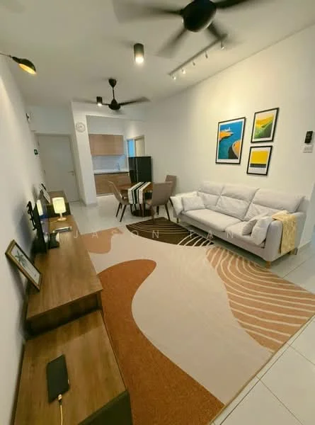 Living features: 3-seater fabric sofa in light grey, wooden TV console, wall-mounted TV, area rug with abstract pattern, ceiling fan, recessed downlights, decorative artwork on walls, dining table with chairs, white painted walls, tile flooring; style: modern.