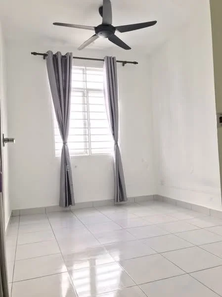 Room features: white painted walls, white tiled flooring, 5-blade ceiling fan, floor-to-ceiling window, sheer curtains, grey striped curtains, natural light from window; style: minimalist.