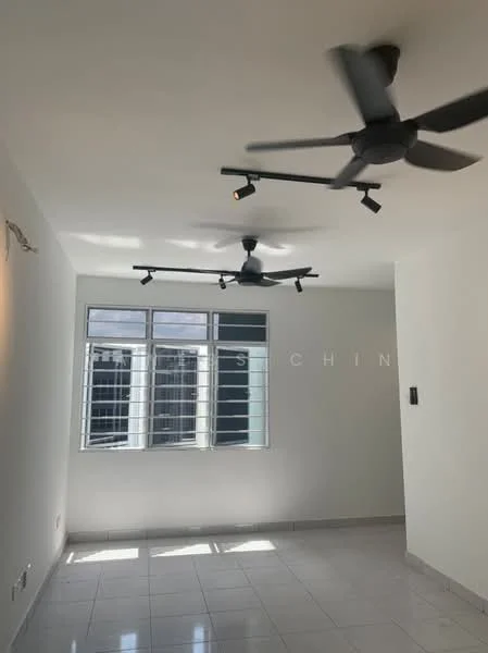 Room features: white painted walls, glossy tile flooring, 3-blade ceiling fan, track lighting, floor-to-ceiling windows, city view; style: modern; view: city.