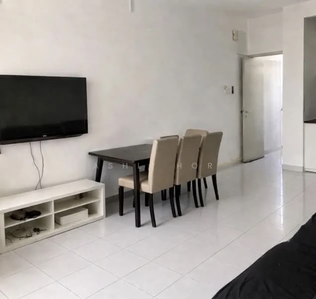 Living features: white painted walls, white tile flooring, wall-mounted TV, TV console with storage, 4-seater dining table, upholstered dining chairs, open layout, doorway leading to another room; style: modern.