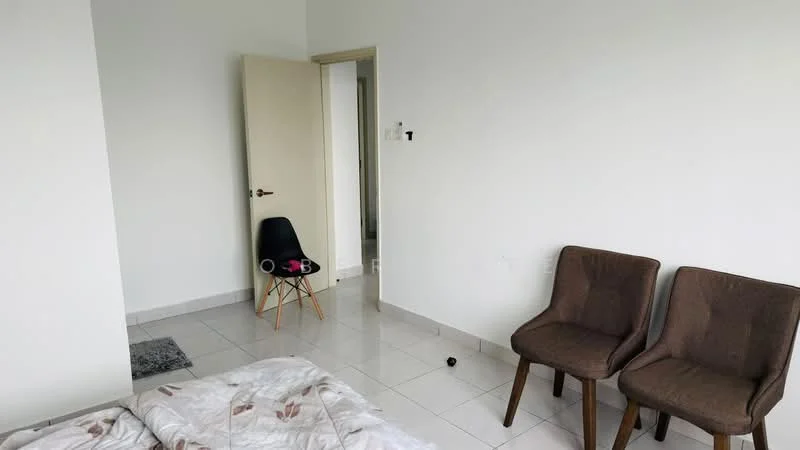 Room features: white painted walls, white tiled flooring, two brown upholstered chairs, single bed with bedding, door leading to another room, door frame, small area rug, black object on floor; style: minimalist.