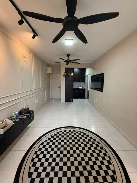 Living features: white painted walls, tile flooring, 5-blade ceiling fan with light, 5-blade ceiling fan, recessed downlights, wall-mounted TV, black console table, decorative wall paneling, checkered area rug; style: modern. Kitchen features: black cabinetry, kitchen island, pendant lighting, open layout; style: modern.
