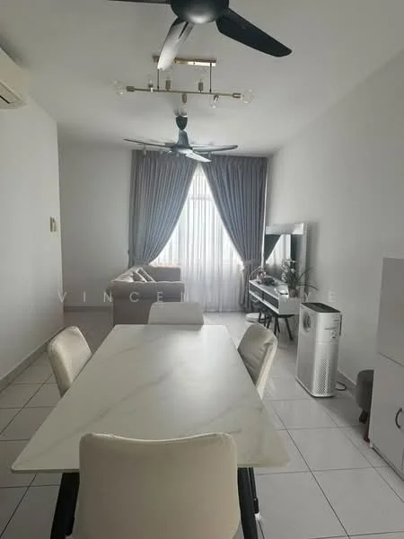 Dining features: white marble dining table, 4 white upholstered dining chairs, recessed downlights, 5-blade ceiling fan, floor-to-ceiling window with sheer curtains, light grey walls, tile flooring, decorative indoor plant, TV console, sofa in beige, wall-mounted TV, air purifier; style: modern.