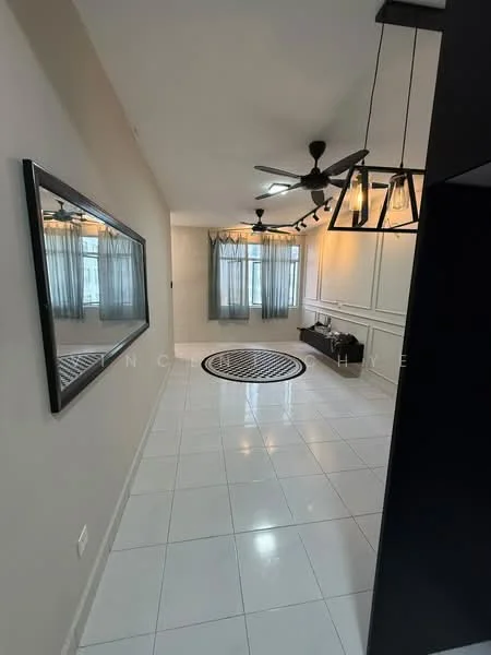 Living features: white painted walls, white tiled flooring, 5-blade ceiling fan with light, track lighting, large windows with sheer curtains, black framed mirror, black console table, round area rug with geometric pattern; style: modern.