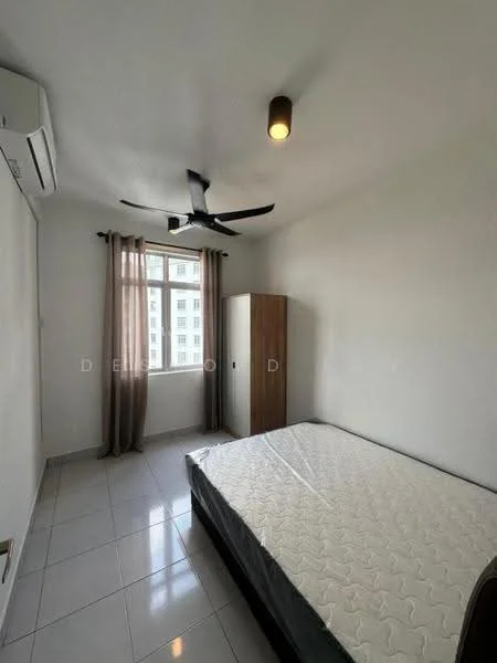 Bedroom features: queen-size bed, white walls, tile flooring, 5-blade ceiling fan, window with sheer curtains, built-in wardrobe, natural light from window, light fixture on ceiling; style: modern.