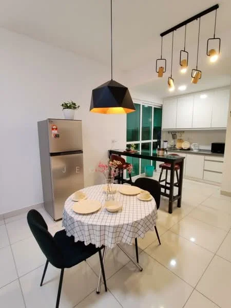 Dining features: round dining table with checkered tablecloth, 4 upholstered dining chairs in black, pendant light fixture with black shade, stainless-steel fridge, kitchen island with bar stools, white cabinetry, ceramic tile flooring, floor-to-ceiling windows, greenery view from windows; style: modern; view: garden. Kitchen features: white cabinetry, stainless-steel appliances, ceramic tile flooring, countertop with bar seating, built-in microwave, recessed downlights; style: modern.