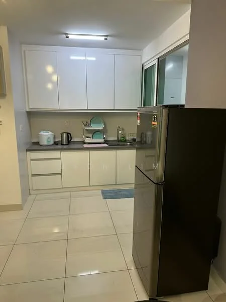 Kitchen features: white cabinetry, grey countertop, stainless-steel fridge, built-in sink, kettle, dish rack, glass window, tile flooring, recessed lighting, microwave, wall-mounted cabinets, kitchen utensils, blue mat; style: modern.