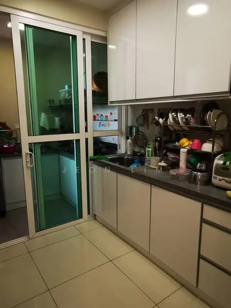Kitchen features: white glossy cabinetry, grey granite countertop, stainless-steel sink, chrome pull-down faucet, built-in microwave, toaster, blender, dishwasher, open shelving, kitchen utensils, floor-to-ceiling glass door, tile flooring, recessed downlights; style: modern.