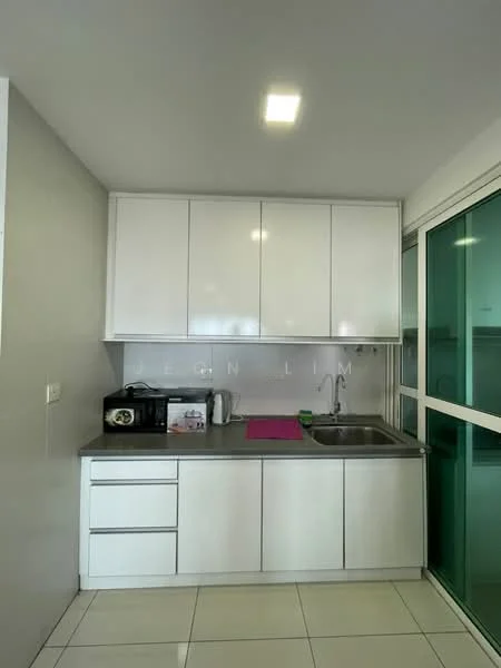 Kitchen features: white cabinetry, stainless-steel sink, chrome faucet, grey countertop, built-in microwave, toaster, kettle, tile flooring, recessed ceiling lights, glass sliding door, green-tinted glass panel, open shelving; style: modern.