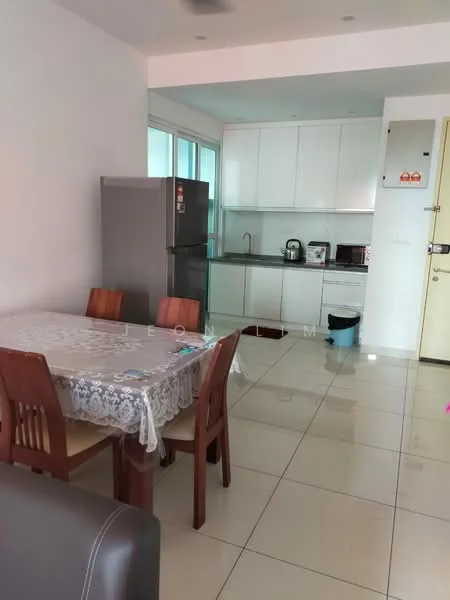 Kitchen features: white cabinetry, stainless-steel fridge, built-in oven, stainless-steel sink, chrome pull-down faucet, ceramic tile flooring, white walls, recessed downlights, dining table with four wooden chairs, kettle, microwave; style: modern.