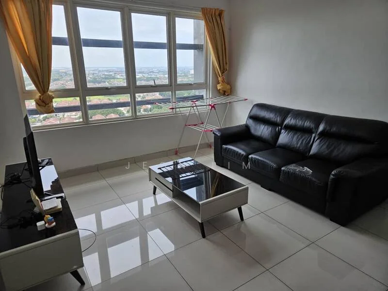 Living features: black leather sofa, glass coffee table with black base, floor-to-ceiling windows, white painted walls, glossy white tile flooring, curtains in yellow, TV console, wall-mounted TV, clothes drying rack; style: modern; view: city.