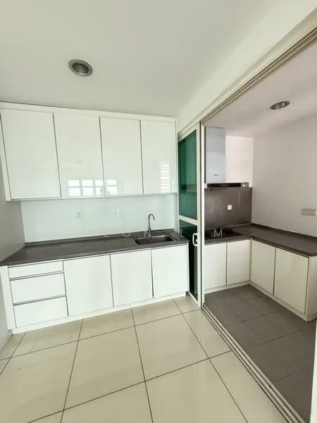 Kitchen features: white flat-panel cabinets, grey countertop, single-bowl stainless-steel sink, chrome pull-down faucet, ceramic tile flooring, wall-mounted cabinets, sliding glass door, open layout, grey backsplash, recessed downlights; style: modern.