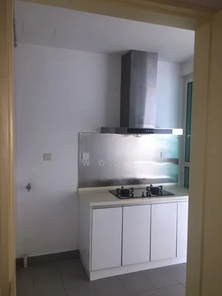 Kitchen features: white cabinetry, stainless-steel range hood, two-burner gas hob, stainless-steel backsplash, grey tile flooring, window for natural light, minimalist design, wall-mounted electrical outlets; style: modern.