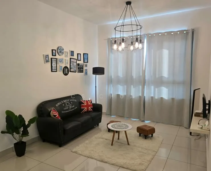 Living features: black leather sofa, decorative cushions with Union Jack design, round coffee table with wooden top, small brown ottoman, white area rug, floor lamp, wall-mounted TV, framed wall art, curtains in light grey, ceiling light fixture with multiple bulbs, glossy tile flooring, potted plant; style: modern.