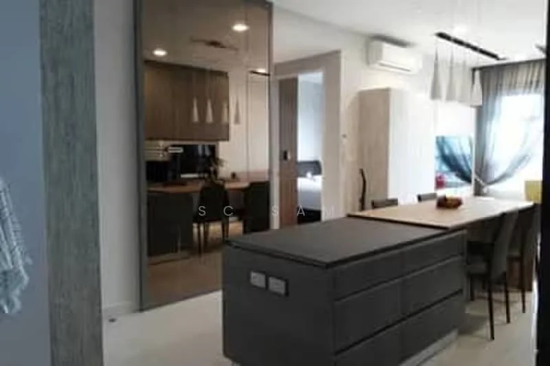 Kitchen features: island kitchen with grey cabinetry, stainless-steel sink, chrome pull-down faucet, black countertop, built-in oven, microwave, refrigerator, pendant lighting, wall-mounted split AC, open shelving, dining table with chairs, floor-to-ceiling windows with sheer curtains; style: modern.