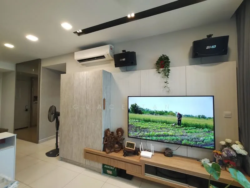 Living features: wall-mounted TV, wooden TV console, decorative figurines, air conditioning unit, ceiling lights, wall-mounted fan, grey curtains, white tiled flooring, decorative plants, feature wall with wood paneling; style: modern.