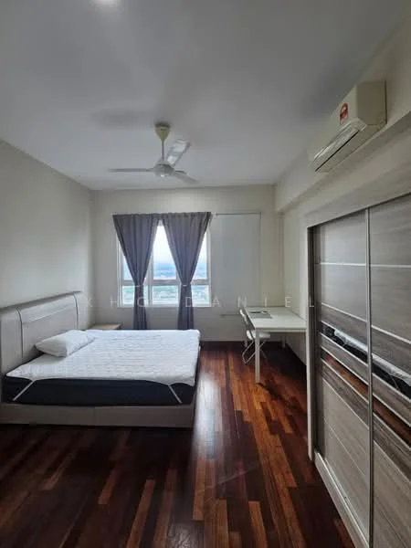 Bedroom features: queen-size bed, upholstered headboard, wooden flooring, floor-to-ceiling window, curtains, ceiling fan, wall-mounted split AC, built-in wardrobe with sliding doors, study desk, chair; style: modern; view: city.