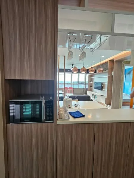 Kitchen features: wood cabinetry, white countertop, built-in microwave, open shelving, glass panel partition, recessed lighting, kitchen island, view of living area; style: modern; view: city.