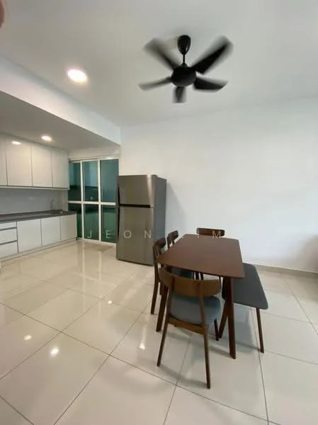 Dining features: 4-seater dining table, wooden dining chairs, grey upholstered dining chair, ceiling fan with 5 blades, white painted walls, glossy ceramic tile flooring, refrigerator, kitchen cabinetry, countertop, floor-to-ceiling windows; style: modern. Kitchen features: kitchen cabinetry, countertop, stainless-steel refrigerator, glossy ceramic tile flooring, white painted walls, floor-to-ceiling windows; style: modern.