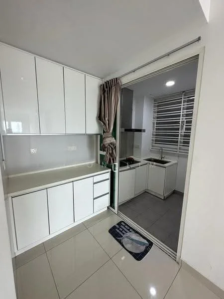 Kitchen features: white cabinetry, smooth countertop, built-in sink, stainless-steel faucet, wall-mounted range hood, ceramic tile flooring, sliding glass door, window with horizontal blinds, recessed ceiling lights, kitchen mat; style: modern.