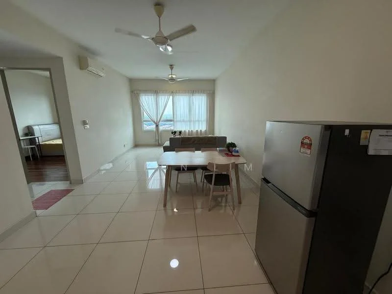 Living features: white painted walls, glossy tile flooring, 5-blade ceiling fan with light, floor-to-ceiling windows, sheer curtains, sofa in beige, dining table with 4 chairs, refrigerator, air conditioning unit; style: modern; view: city. Room features: wooden flooring.
