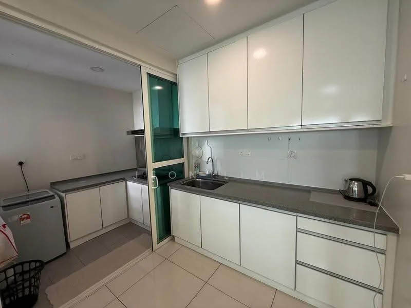 Kitchen features: white cabinetry, grey granite countertop, single-bowl stainless-steel sink, chrome pull-down faucet, built-in oven, stainless-steel kettle, ceramic tile flooring, wall-mounted cabinets, open shelving, refrigerator, under-cabinet lighting; style: modern.