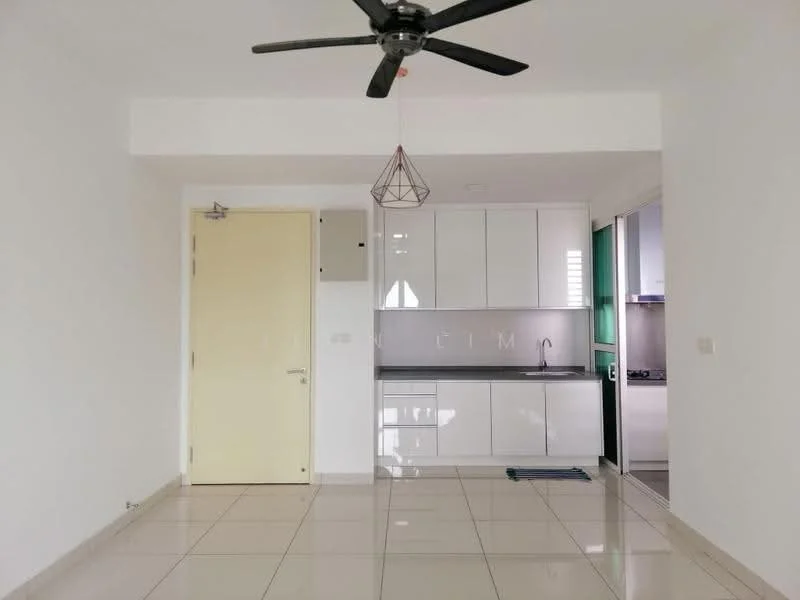 Kitchen features: white cabinetry, grey countertop, stainless-steel sink, chrome pull-down faucet, built-in oven, freestanding range oven, ceramic tile flooring, ceiling fan, pendant light, wall-mounted cabinets, open shelving, neutral wall colour, recessed lighting; style: modern.