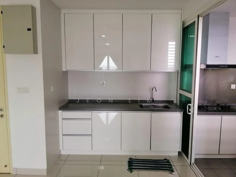 Kitchen features: white high-gloss cabinetry, grey countertop, single-bowl stainless-steel sink, chrome pull-down faucet, built-in gas hob, built-in oven, ceramic tile flooring, wall-mounted cabinets, sliding glass door, window with green tint; style: modern.
