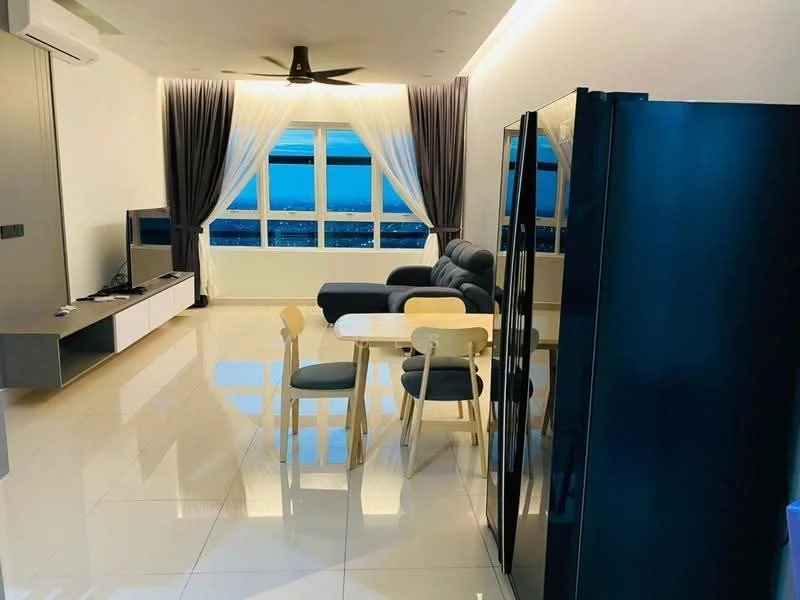 Living features: floor-to-ceiling windows, grey fabric sectional sofa, black refrigerator, light wood dining table, 4 light wood dining chairs, TV console, wall-mounted TV, white painted walls, recessed downlights, 5-blade ceiling fan, curtains, glossy tile flooring, city view; style: modern; view: city.