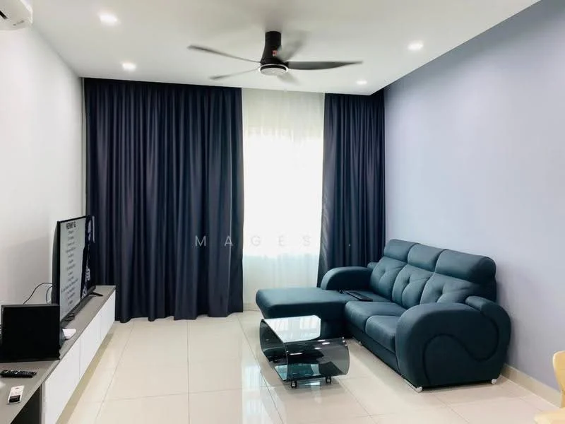 Living features: 3-seater fabric sofa in teal, glass coffee table, wall-mounted TV, white TV console, floor-to-ceiling windows, sheer curtains, dark blue curtains, recessed LED downlights, wall-mounted split AC, polished ceramic tile flooring, light grey painted walls; style: modern.