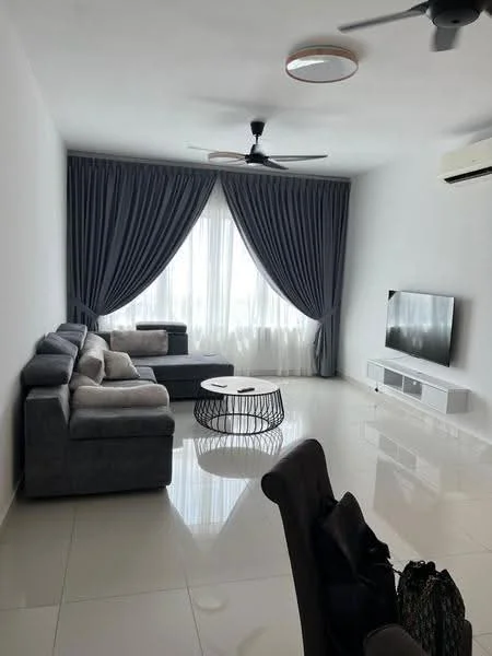 Living features: grey fabric sectional sofa, light grey throw pillows, round coffee table with wire frame, white TV console, wall-mounted TV, floor-to-ceiling windows, sheer white curtains, dark ceiling fan, glossy white tile flooring, air conditioning unit; style: modern; view: city.
