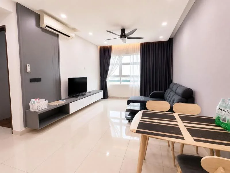 Living features: sofa in black leather, 3-seater sofa, coffee table, TV console in white, wall-mounted TV, ceiling fan with light, recessed LED downlights, floor-to-ceiling windows, curtains in dark grey, cream painted walls, glossy tile flooring, air conditioning unit; style: modern; view: city. Dining features: dining table with wooden legs, 4 dining chairs, table runner, bottled water on the table; style: modern.