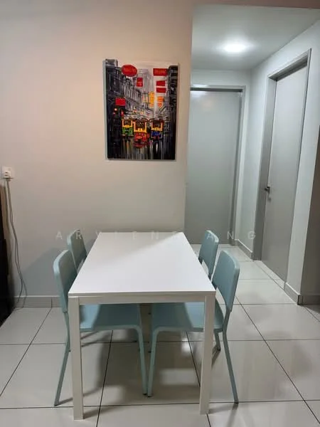 Dining features: white dining table, 4 blue dining chairs, white painted walls, tile flooring, framed artwork on wall, recessed ceiling lights, doorway leading to hallway; style: modern.