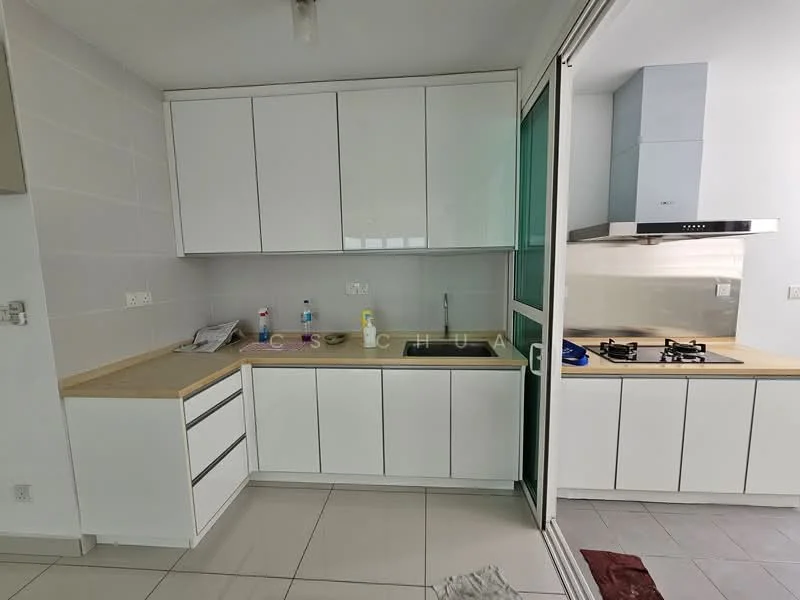 Kitchen features: white flat-panel cabinets, light wood countertop, single-bowl stainless-steel sink, chrome pull-down faucet, built-in gas hob, stainless-steel range hood, ceramic tile flooring, wall-mounted cabinets, open shelving, recessed downlights, glass sliding door, white tiled walls; style: modern.