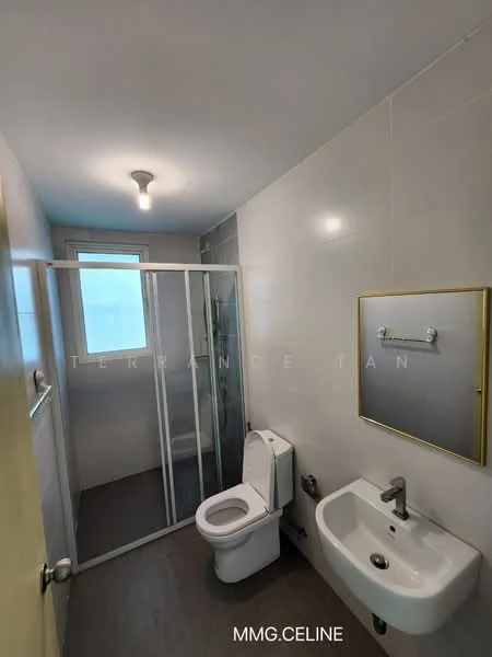 Bathroom features: white tiled walls, grey tiled flooring, walk-in shower with glass enclosure, chrome basin mixer faucet, white wall-mounted toilet, small white sink, framed mirror, ceiling light fixture; style: modern.