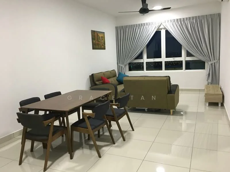 Living features: white painted walls, glossy ceramic tile flooring, 5-blade ceiling fan with light, floor-to-ceiling windows, sheer curtains, sofa in olive green, 3-seater fabric sofa, wooden coffee table, 6-seater dining table, wooden dining chairs with upholstered seats, decorative artwork on wall; style: modern; view: city.